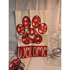 Crowned Beauty Welcome Paw Print Garden Flag with Hearts 12x18 Lot of 2